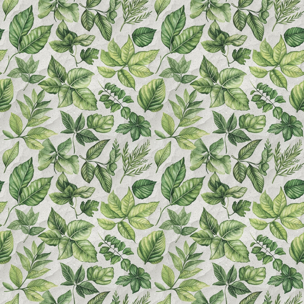 A seamless pattern of various green leaves on a light background, arranged in a symmetrical, repeating design.