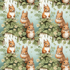 Illustrated pattern of squirrels among green leaves and white flowers on a light blue background.