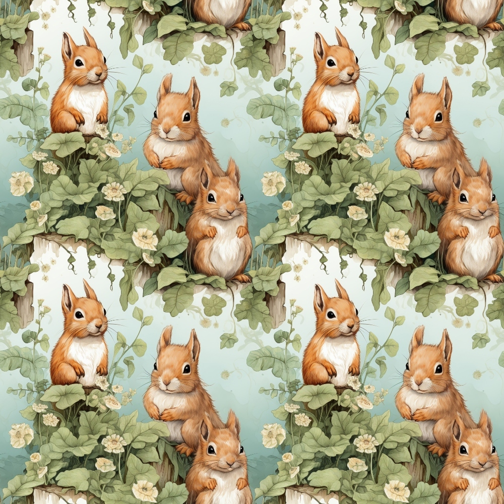 Illustrated pattern of squirrels among green leaves and white flowers on a light blue background.