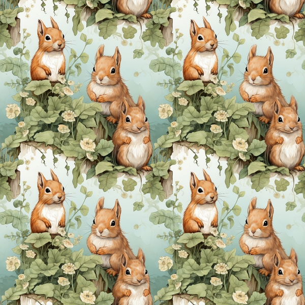 Illustrated pattern of squirrels among green leaves and white flowers on a light blue background.