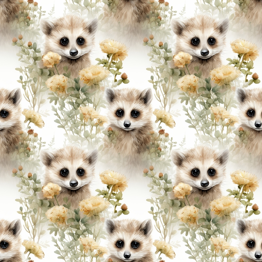 Patterned illustration of raccoon faces surrounded by yellow flowers and green foliage on a light background.