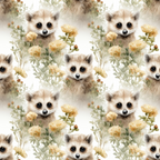 Patterned illustration of raccoon faces surrounded by yellow flowers and green foliage on a light background.