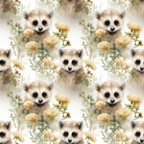 Patterned illustration of raccoon faces surrounded by yellow flowers and green foliage on a light background.