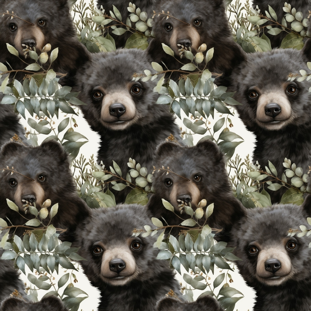 Pattern of illustrated bear cubs surrounded by leafy branches on a white background.