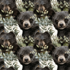 Pattern of illustrated bear cubs surrounded by leafy branches on a white background.