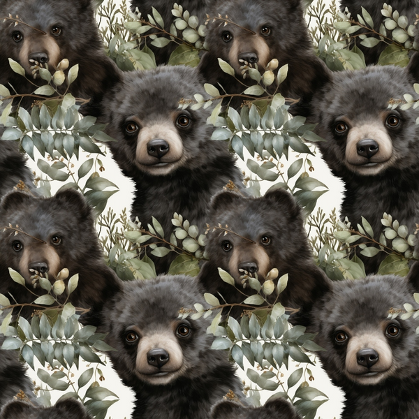 Pattern of illustrated bear cubs surrounded by leafy branches on a white background.