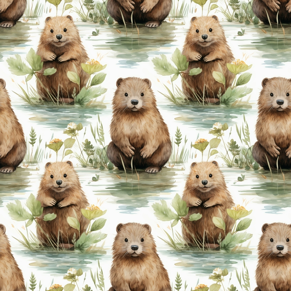 Pattern of illustrated beavers sitting by water with plants. Each beaver is facing forward, surrounded by greenery and flowers.