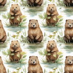 Pattern of illustrated beavers sitting by water with plants. Each beaver is facing forward, surrounded by greenery and flowers.