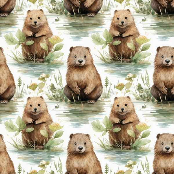 Pattern of illustrated beavers sitting by water with plants. Each beaver is facing forward, surrounded by greenery and flowers.