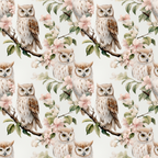 Pattern featuring owls perched on branches with pink and white flowers and green leaves on a light background.