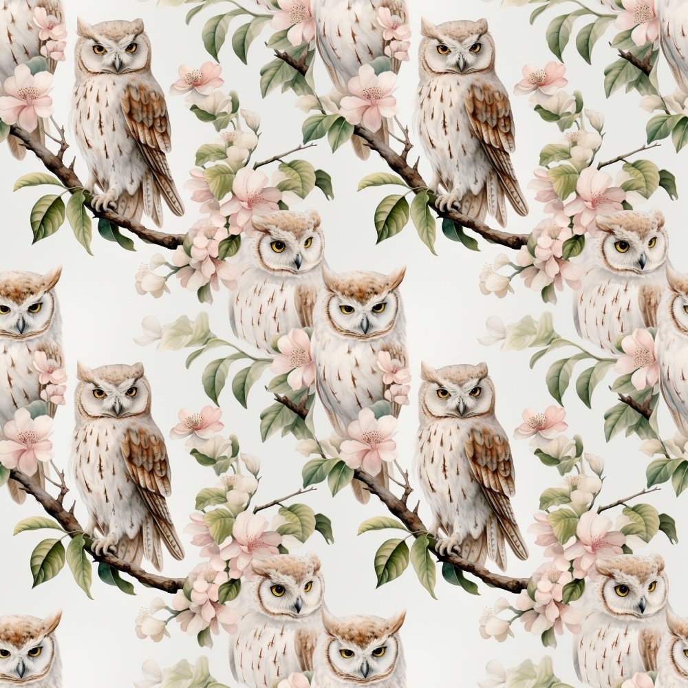 Pattern featuring owls perched on branches with pink and white flowers and green leaves on a light background.