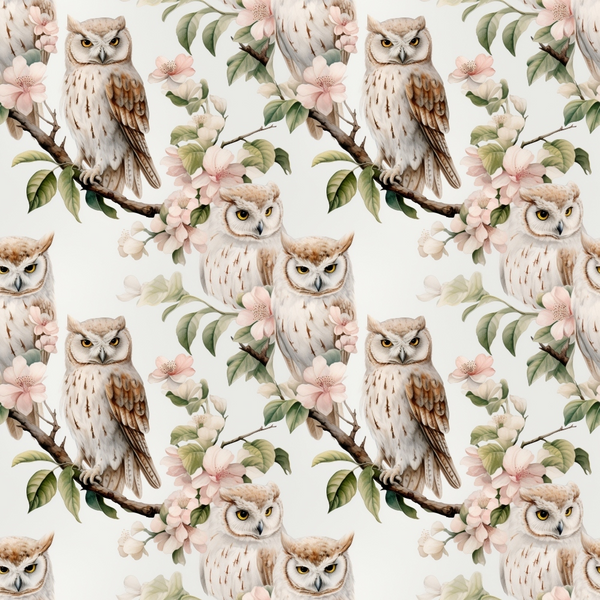 Pattern featuring owls perched on branches with pink and white flowers and green leaves on a light background.