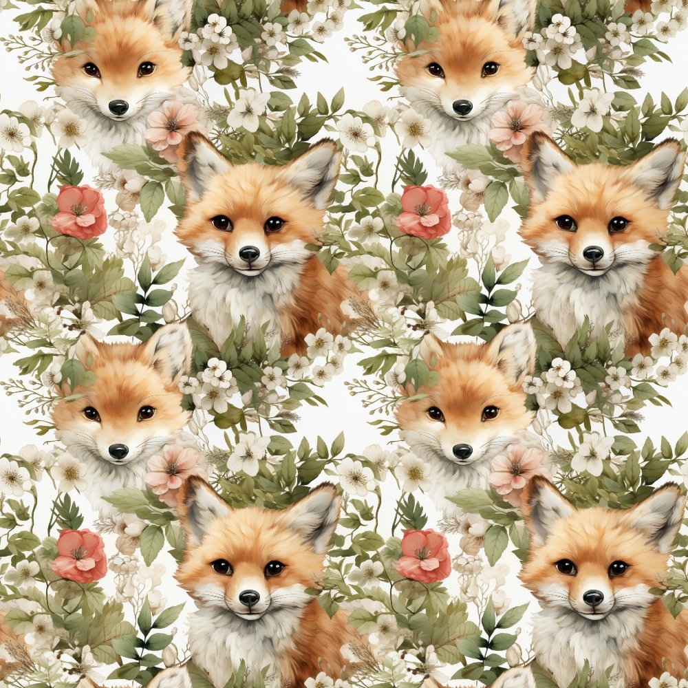 Pattern of fox faces surrounded by various flowers and foliage, including white and pink blossoms, with a harmonious natural theme.