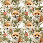 Pattern of fox faces surrounded by various flowers and foliage, including white and pink blossoms, with a harmonious natural theme.