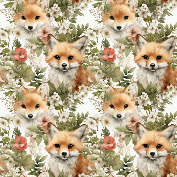 Pattern of fox faces surrounded by various flowers and foliage, including white and pink blossoms, with a harmonious natural theme.