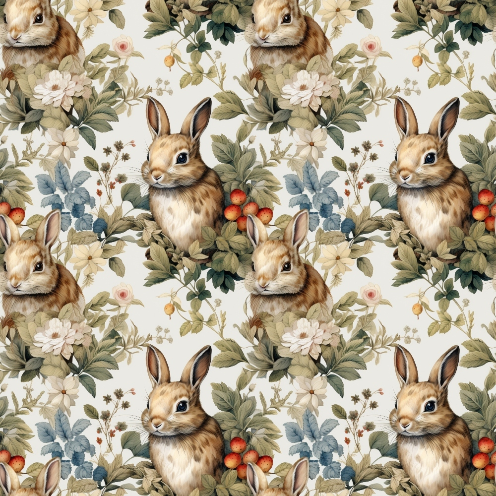 Pattern of rabbits surrounded by flowers and leaves, including roses and berries, on a light background.