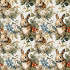 Pattern of rabbits surrounded by flowers and leaves, including roses and berries, on a light background.