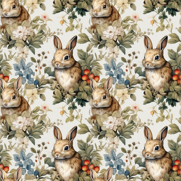 Pattern of rabbits surrounded by flowers and leaves, including roses and berries, on a light background.