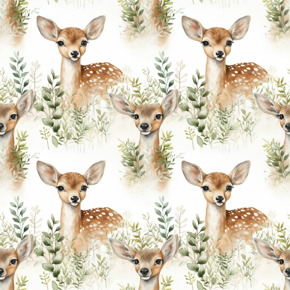 Pattern of fawns with white spots among green leaves and branches on a light background.