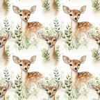 Pattern of fawns with white spots among green leaves and branches on a light background.