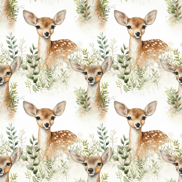 Pattern of fawns with white spots among green leaves and branches on a light background.