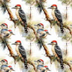 Pattern of woodpeckers with red caps and black-and-white feathers perched on tree branches.
