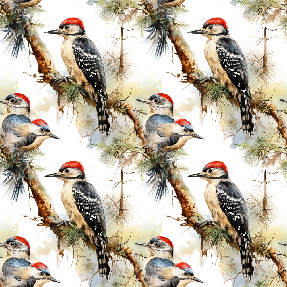 Pattern of woodpeckers with red caps and black-and-white feathers perched on tree branches.