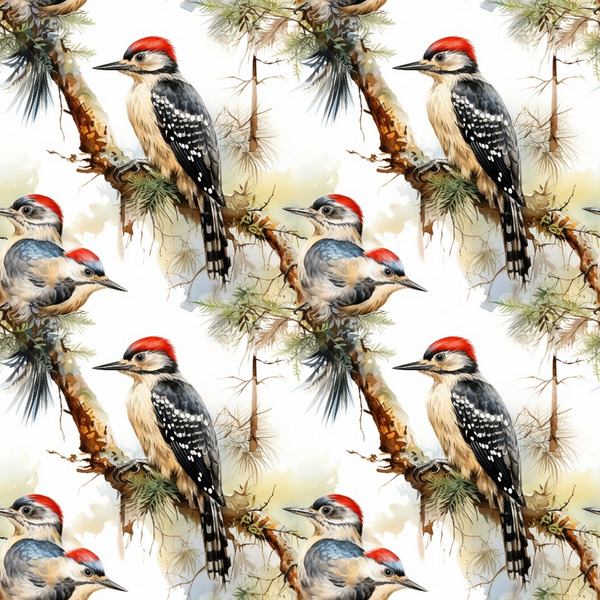 Pattern of woodpeckers with red caps and black-and-white feathers perched on tree branches.