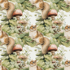 Illustrated pattern of chipmunks and large mushrooms surrounded by green foliage, arranged in a repeating design.