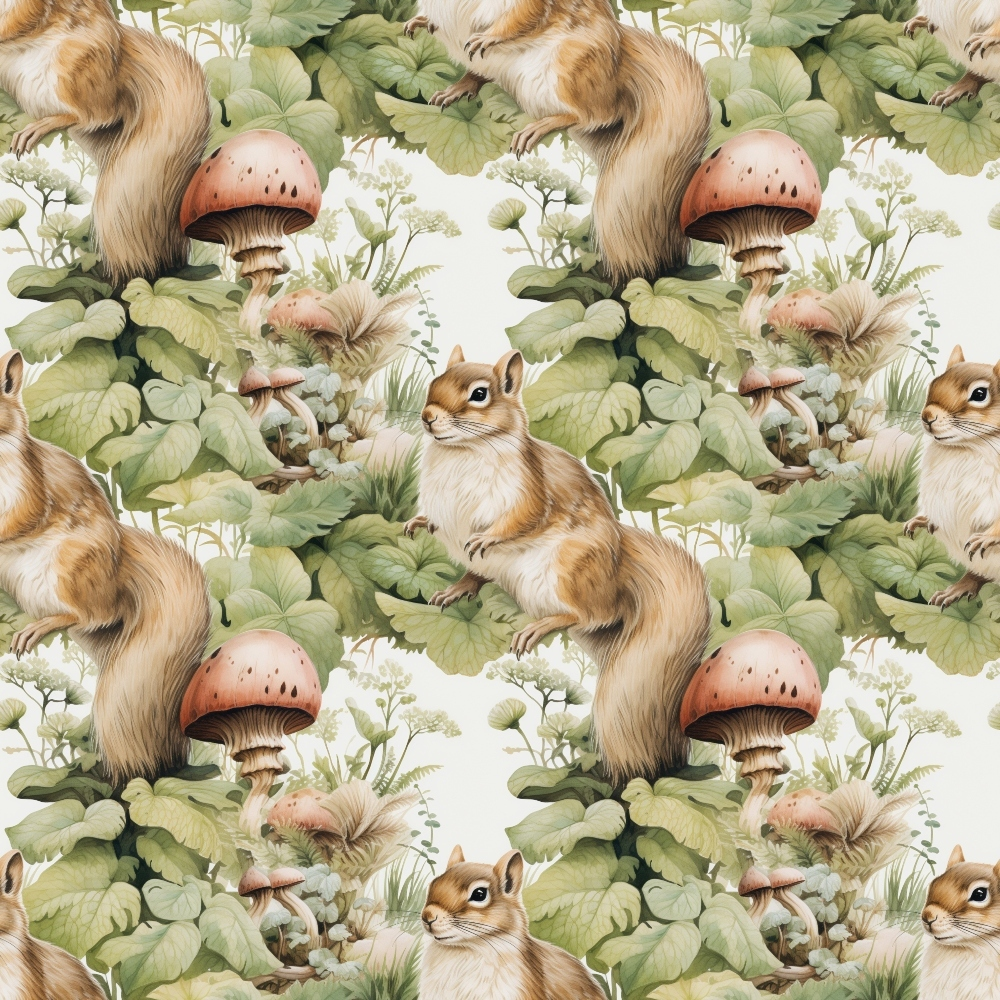 Illustrated pattern of chipmunks and large mushrooms surrounded by green foliage, arranged in a repeating design.