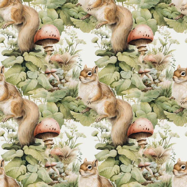 Illustrated pattern of chipmunks and large mushrooms surrounded by green foliage, arranged in a repeating design.