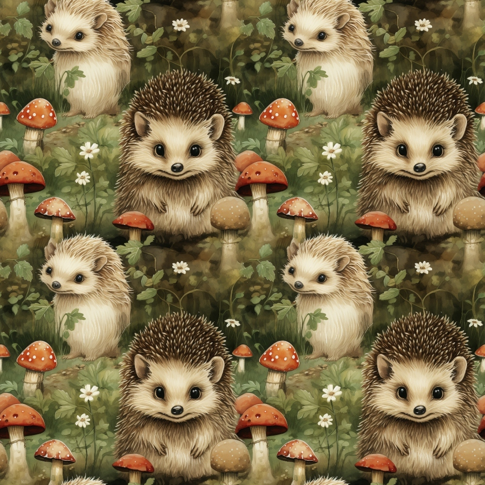 Pattern of cute hedgehogs surrounded by mushrooms and small flowers in a forest setting.
