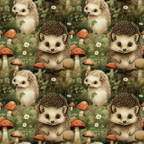 Pattern of cute hedgehogs surrounded by mushrooms and small flowers in a forest setting.