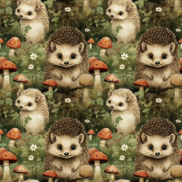 Pattern of cute hedgehogs surrounded by mushrooms and small flowers in a forest setting.