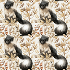 Seamless pattern featuring skunks and autumn foliage, including leaves and berries, set against a light background.