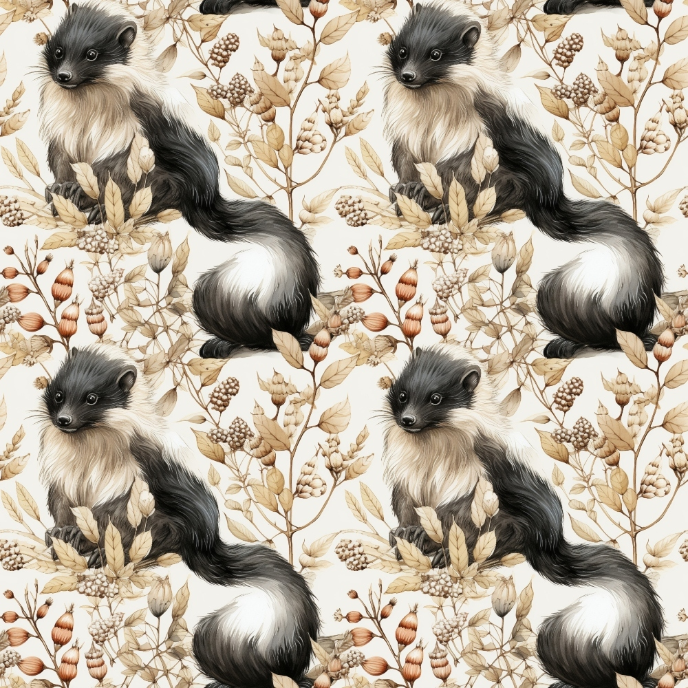 Seamless pattern featuring skunks and autumn foliage, including leaves and berries, set against a light background.