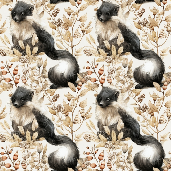 Seamless pattern featuring skunks and autumn foliage, including leaves and berries, set against a light background.