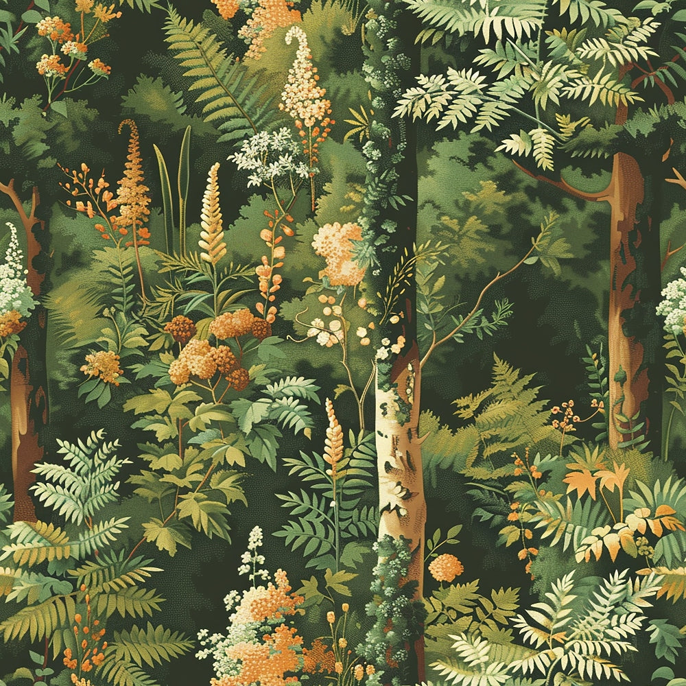 Illustration of a dense forest scene with various green leaves, ferns, and plants interspersed with orange and white flowers, creating a lush and vibrant natural landscape.