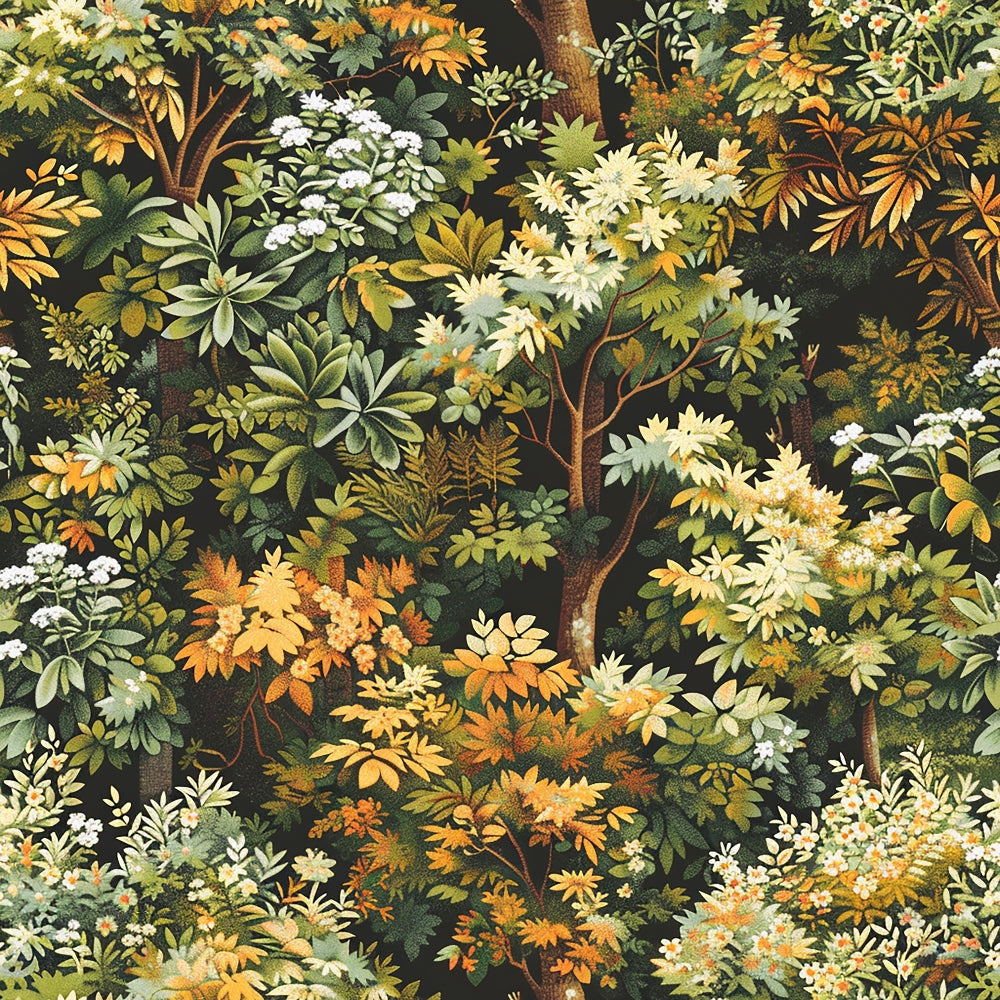 Detailed illustration of lush green and yellow foliage with various plants and trees against a dark background.