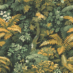 A dense pattern of green and yellow leaves with small flowers, forming a lush, intricate botanical design.