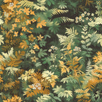 Illustration of dense green and yellow foliage with various leaves and flowers.