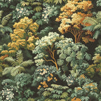 Illustration of a dense forest with various trees and plants in shades of green, yellow, and white, featuring detailed foliage and flowers against a dark background.