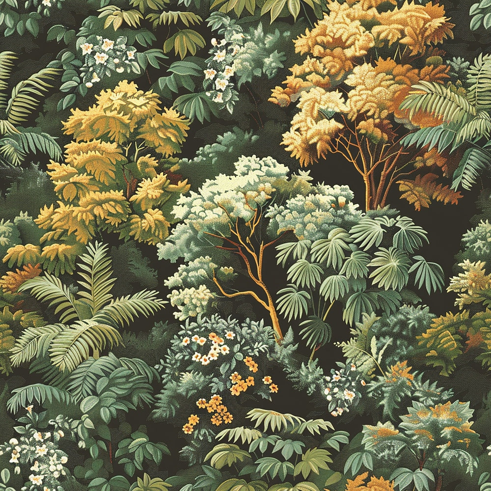 Illustration of a dense forest with various trees and plants in shades of green, yellow, and white, featuring detailed foliage and flowers against a dark background.