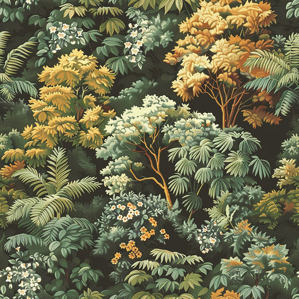 Illustration of a dense forest with various trees and plants in shades of green, yellow, and white, featuring detailed foliage and flowers against a dark background.