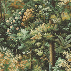 Detailed illustration of a lush forest scene with various trees, ferns, and flowering plants, showcasing a rich tapestry of greens and earth tones.