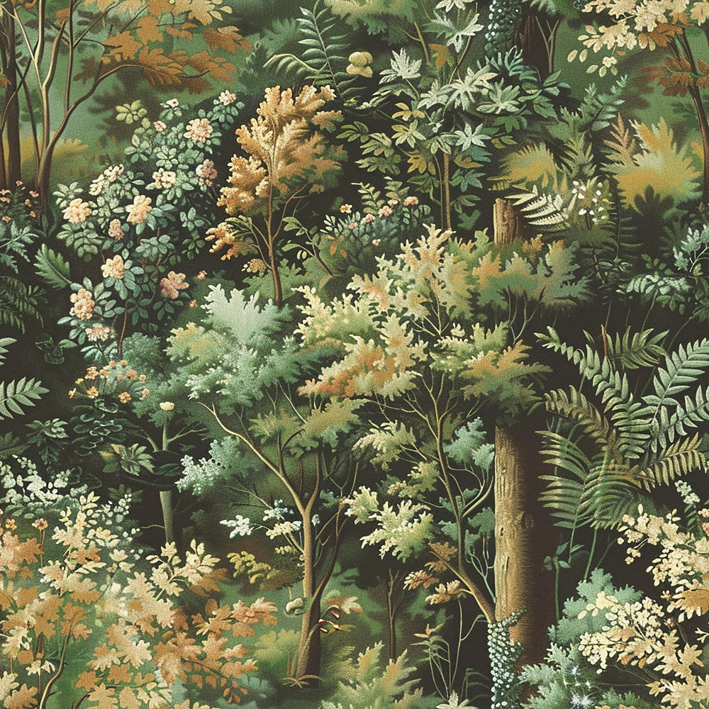 Detailed illustration of a lush forest scene with various trees, ferns, and flowering plants, showcasing a rich tapestry of greens and earth tones.