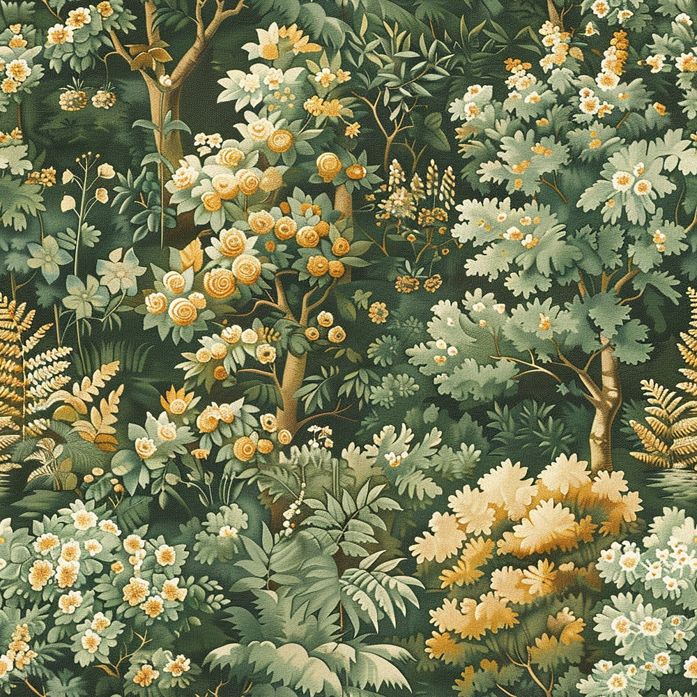 A lush forest scene with various green foliage, yellow and white flowers, and trees.