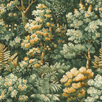 A lush forest scene with various green foliage, yellow and white flowers, and trees.
