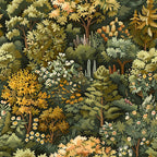 Illustrated dense forest with various green and yellow leafy trees and plants, featuring clusters of flowers and foliage in warm autumn colors.