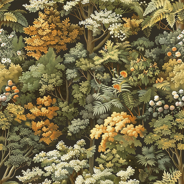 Illustration of a dense forest featuring various species of trees with green, yellow, and orange leaves against a dark background.